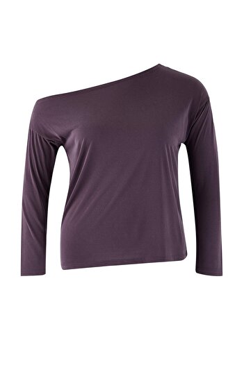 Trendyol Curve Μπλούζα από ύφασμα Plum Modal με λαιμόκοψη καγιάκ, χαλαρή/άνετη εφαρμογή, πλεκτή μπλούζα μεγάλου μεγέθους TBBAW25AF00044