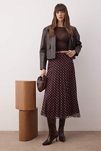 Trendyol Collection Μίντι φούστα σιφόν με επένδυση καφέ πουά TWOAW26ET00142