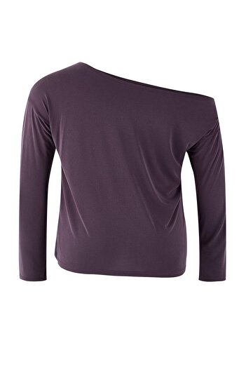 Trendyol Curve Μπλούζα από ύφασμα Plum Modal με λαιμόκοψη καγιάκ, χαλαρή/άνετη εφαρμογή, πλεκτή μπλούζα μεγάλου μεγέθους TBBAW25AF00044