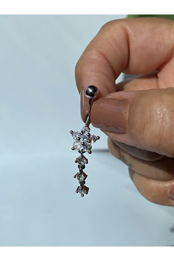 kurukafagift Göbek Çelik Piercing Uzun Sallantılı Taşlı Papatya Model