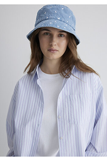 Mavi Kalp Nakışlı Denim Bucket Şapka 1913100-82324