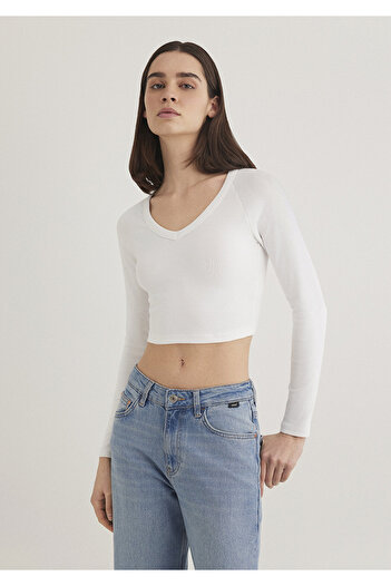 Mavi Uzun Kollu Beyaz Crop Basic Tişört Crop / Kısa Kesim 1613041-70057