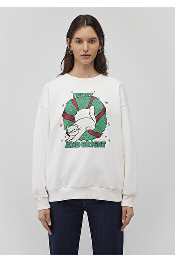 Mavi Yılbaşı Kedi Baskılı Beyaz Sweatshirt 1S10332-70057