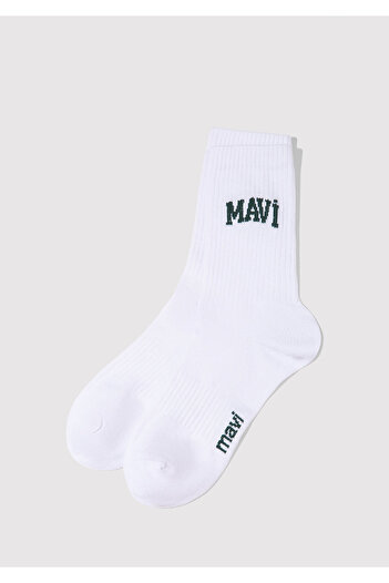Mavi Logo Baskılı Beyaz Soket Çorap 0911160-620