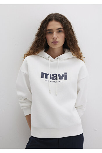 Mavi Logo Baskılı Kapüşonlu Ekru Sweatshirt 168334-81964