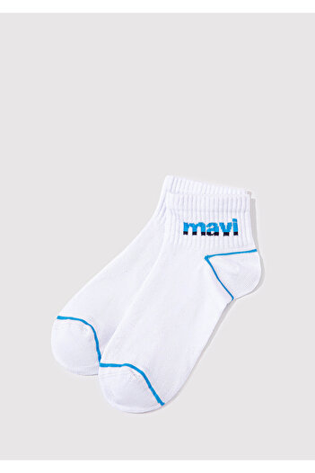 Mavi Logo Baskılı Beyaz Soket Çorap 092523-620