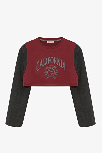 Quzu Blazer Garnili Vatkalı Crop Sweatshirt Roșu Claret