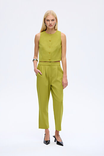Quzu Elastic Waist Fabric Trousers Olive