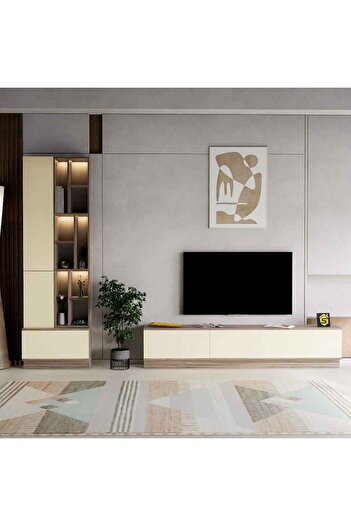 Stylish Home طاولة تلفزيون مثبتة على الحائط، مكونة من 4 قطع مع أرفف وإضاءة، لون بيج، 61