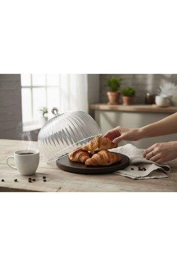 ANJEAHOME Barletta Cam Kapaklı Akasya Tabanlı Kek & Pasta Fanusu - Naturel Sunum ve Saklama