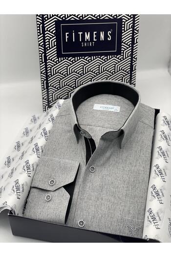 Fitmens Klasik Uzun Kol Keten Cotton Hediye Kutulu Erkek Gömlek FS-001261 - Koyu Gri