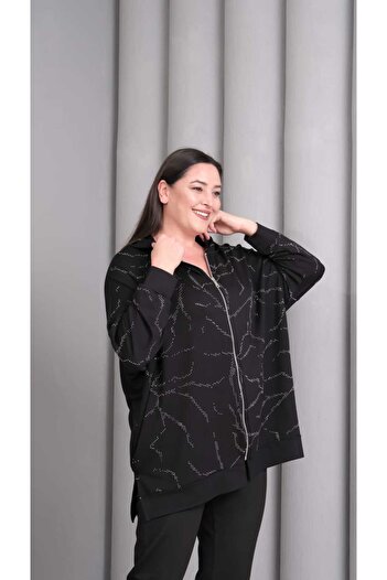 Esina Women's Crystal Fabric Front Zipper Sweatshirt with Stone Detail