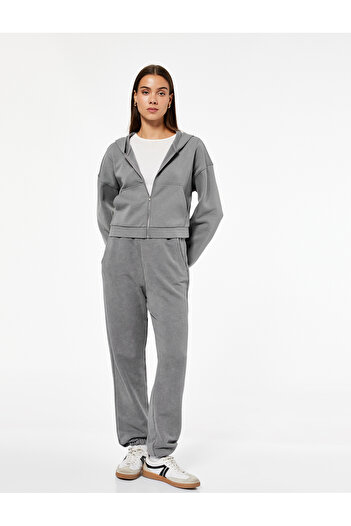 Koton Comfortable Fit Kangaroo Pocket Zippered Washable Hooded Crop Sweatshirt