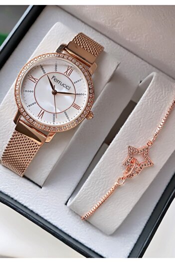Ferrucci Marka Rose Gold Renk Çelik Kordon 2 Yıl Garantili Kadın Kol Saati - Bileklik