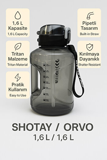 ORVO Sporcu Matara 1.6 L Tritan Pipetli Suluk Siyah ST-7300