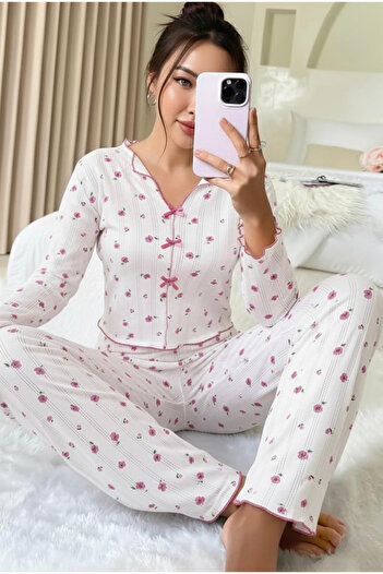 Siyah İnci beyaz çiçek desenli Pamuklu Ajurlu Delikli Örme Pijama Takım7927-8
