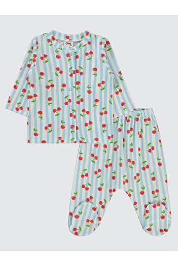 Civil Baby Çizgili Kiraz Baskılı 1-6 Ay Pijama Takımı - Mavi 3-6 Ay