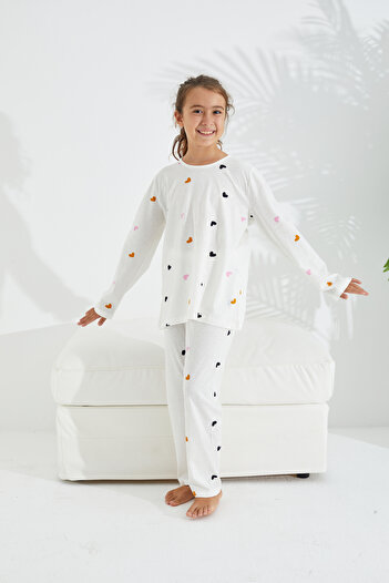 Siyah İnci beyaz renkli kalp desenli Pamuklu Pijama Takımı