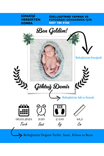 çınararthome Kişiye Özel “Ben Geldim” Doğum Çerçevesi | Bebek Anı Tablosu | Ahşap, Beyaz, Siyah Çerçeve
