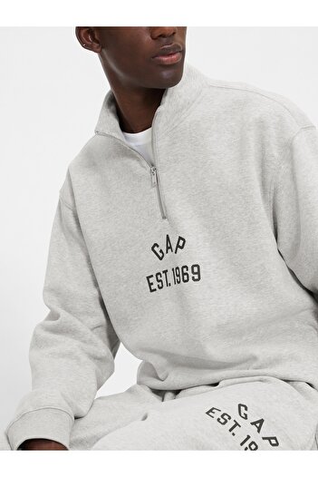 GAP Erkek Gri VintageSoft Oversized Logo Yarım Fermuarlı Sweatshirt