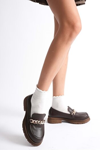 ANALİN SHOES Жіночі шкіряні легкі туфлі-лофери на плоскій підошві з пряжкою - кавові