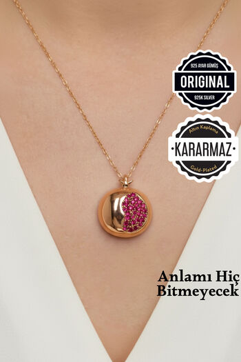Jewelmim Gümüş Nar Kolye 18 Ayar Rose Altın Kaplama Bolluk ve Bereket Sembolü 925 Ayar Kadın Nar Gümüş Kolye