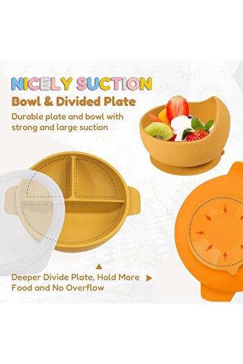 fulina Baby Led Weaning Feeding Supplies , Suction Silicone Baby Bowl Self Eating Utensils Yellow