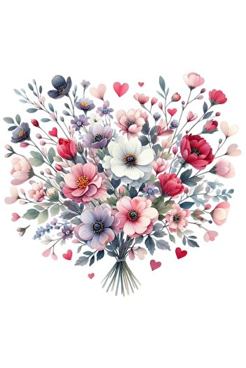 OEM Bouquet of flowers sticker - red/white/pink hearts, Valentine's Day, white border, PVC vinyl, 10 cm