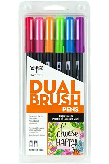 Tombow Dual Brush Marker Pen 56210, Bright — 6 Pack, Blendable, Brush & Fine Tips, Multicolor
