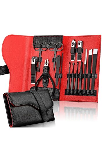 OEM 15-piece Stainless Steel Manicure and Pedicure Kit, black red