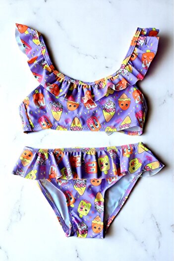 embody Girls' 2 piece swimsuit, ruffled, icecream print, purple