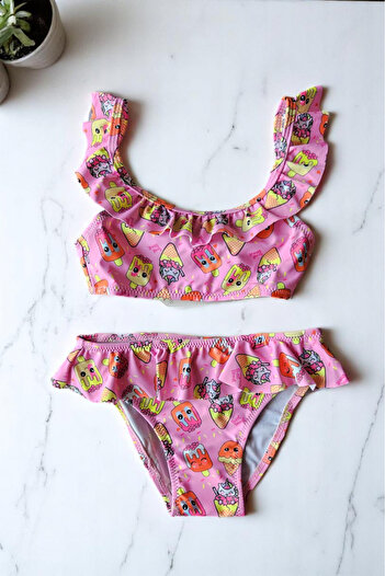 embody Girls' 2-piece swimsuit, ruffled, icecream print, pink