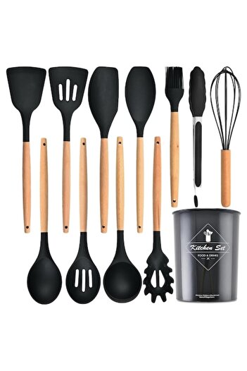 ZUNSEAT 12-piece Kitchen Utensil Set — Wood & Food-Grade Silicone, Heat-Resistant, Black