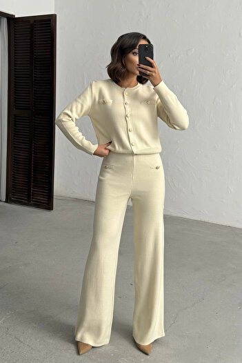 Lusin Women's Cream Cardigan Pants Bottom Top Two-Piece Knitwear Set