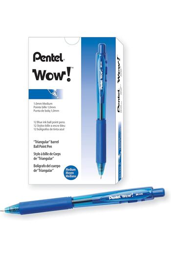 Pentel Wow! Retractable Ballpoint Pens, Medium 1.0mm, Transparent Blue Barrel, Blue Ink, Pack of 12