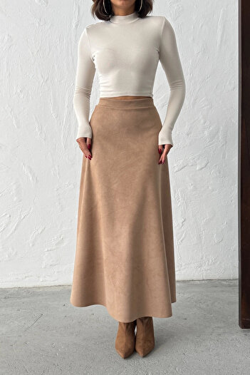 Lusin Woman camel midi length suede skirt