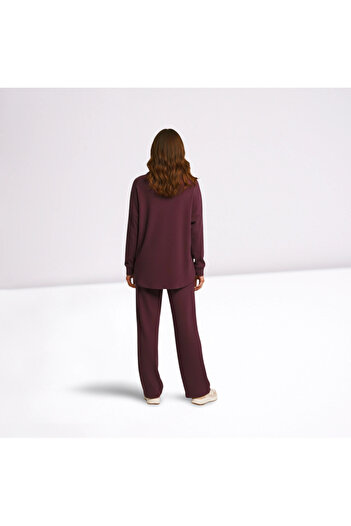 MetuCA Women's Plum Cotton Wrinkle Suit Shirt and Wide-Leg Pants with Elastic Waist