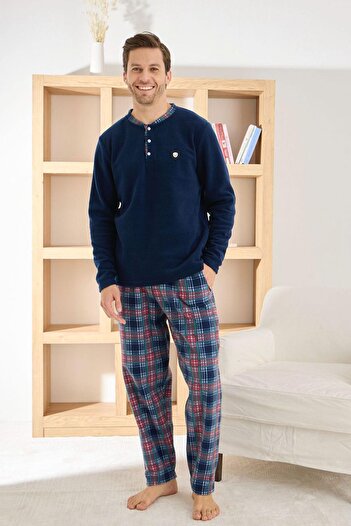 Pijamoni Men's Button Collar Winter Fleece Pajama Set 6100/6,1 - 1 Piece