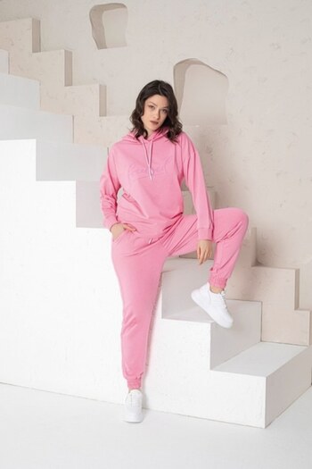 pamuklu - Women's Cotton Tracksuit, Hood and Drawstring, Pink, 4XL
