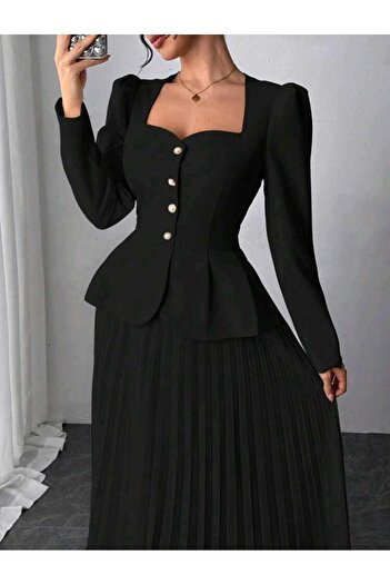 RANO-BOUTİQUE Elegant long women's dress decorated with pleats in a fitted set