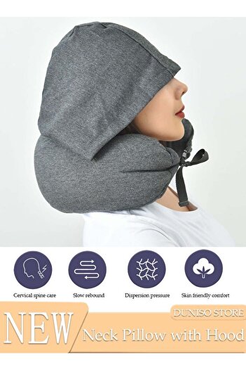 fun zone DUNISO U-Shaped Hooded Travel Neck Pillow with Cap - Grey