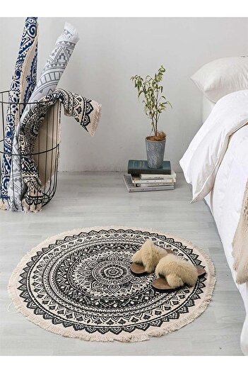 Saharaz Round Rug Circle Bohemian Washable Hand Woven Cotton Non Slip Indoor Sofa Floor Area Mat