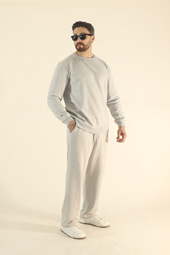 EydaMoon Men's Winter Fleece-Lined Tracksuit Set Sweatshirt Baggy - Gray Regular Crew Neck