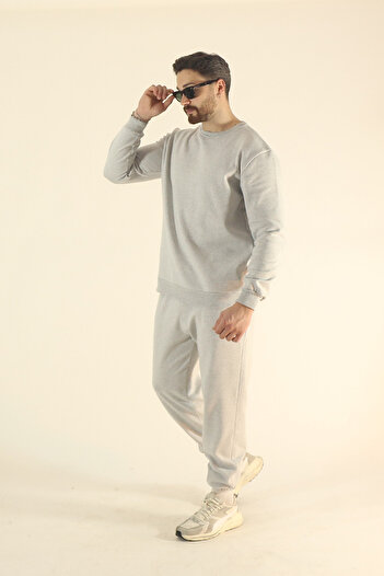 EydaMoon Men's Winter Fleece-Lined Tracksuit Set Crew Neck Sweatshirt Jogger - Gray Regular Elasticated Legs