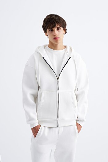 Machinist Oversized Zippered Pocket Hooded Basic Sweatshirt Ecru