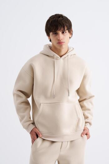 Machinist Men's Basic Hooded Oversize Light Beige Sweatshirt