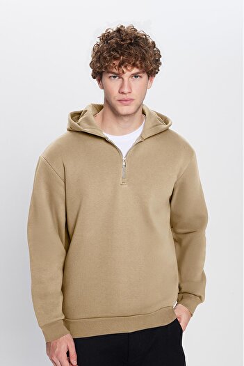 Tudors Unisex Relax Fit Relax Cut Cotton Fleece Inside Half Zipper Gray Hooded Sweatshirt
