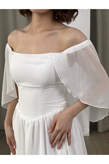 berissima bride Delina Bohem Kloş Etek Pelerin Kol Şifon Nikah Elbisesi