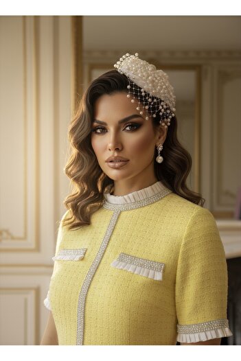 1Moda1Tarz İthal Tüvit Kumaş Taş İnci İşleme Detaylı Astarlı Özel Tasarım Midi Elbise