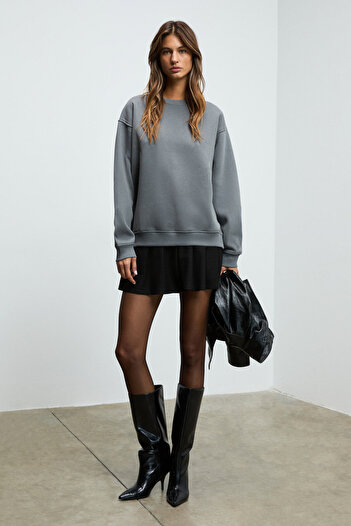 GRIMELANGE Karius Women's Organic Cotton Fleece Inside O Oversized Round Neck Gray Sweatshirt